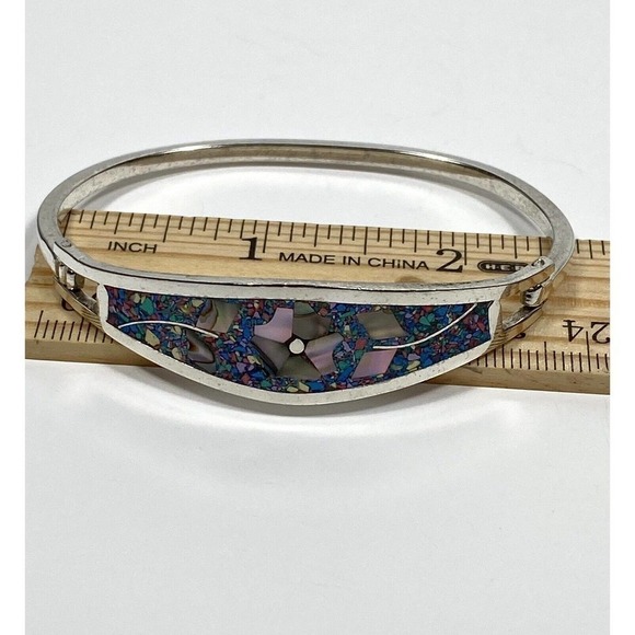 Alpaca Bracelet Turquoise Mother of Pearl Inlay Flowers 6.5” Cuff Bangle Blue - Picture 9 of 15